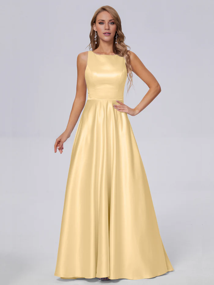 Sleeveless satin long and floor length bridesmaid dress