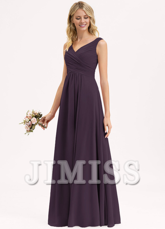 Abito da damigella d'onore in chiffon plissettato, lungo fino al pavimento, con scollo a V e linea ad A