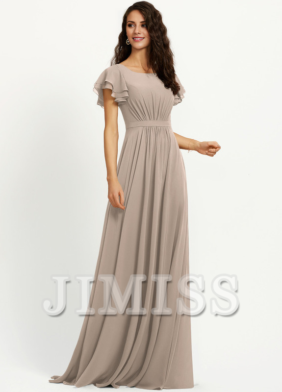 Vestido de dama de honor de gasa con escote redondo y volantes en forma de A