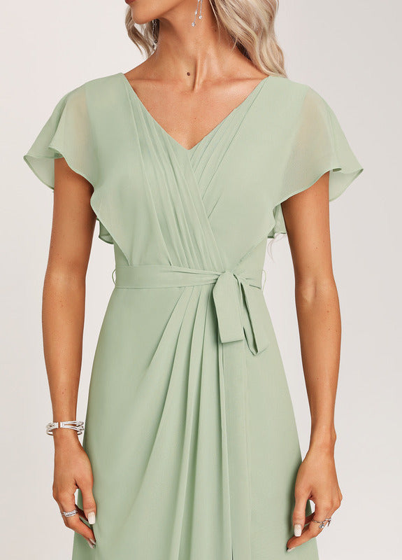 Sage Green Chiffon A-Line Floor-Length Dress with V-Neck and V-Back, Draped Bodice & High Slit