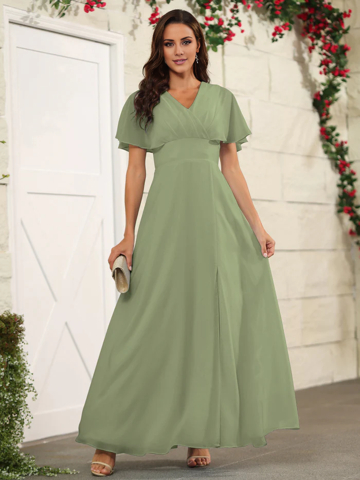 Chiffon short sleeved V-neck slit and floor length bridesmaid dress