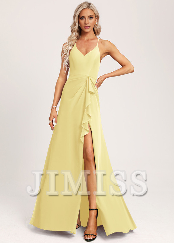 Vestido de dama de honor de gasa con escote en V y corte A