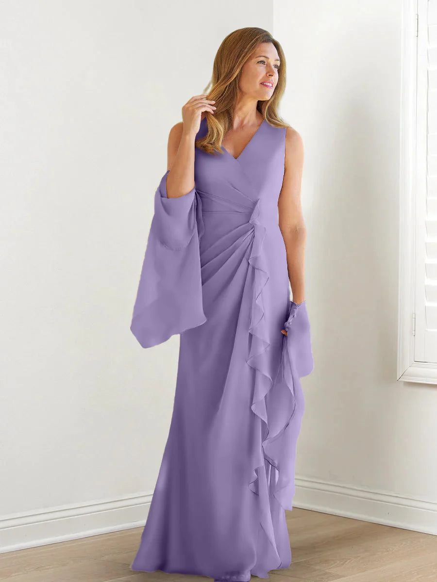 Abito da madre della sposa con body avvolgente/colonna, senza maniche, scollo a V