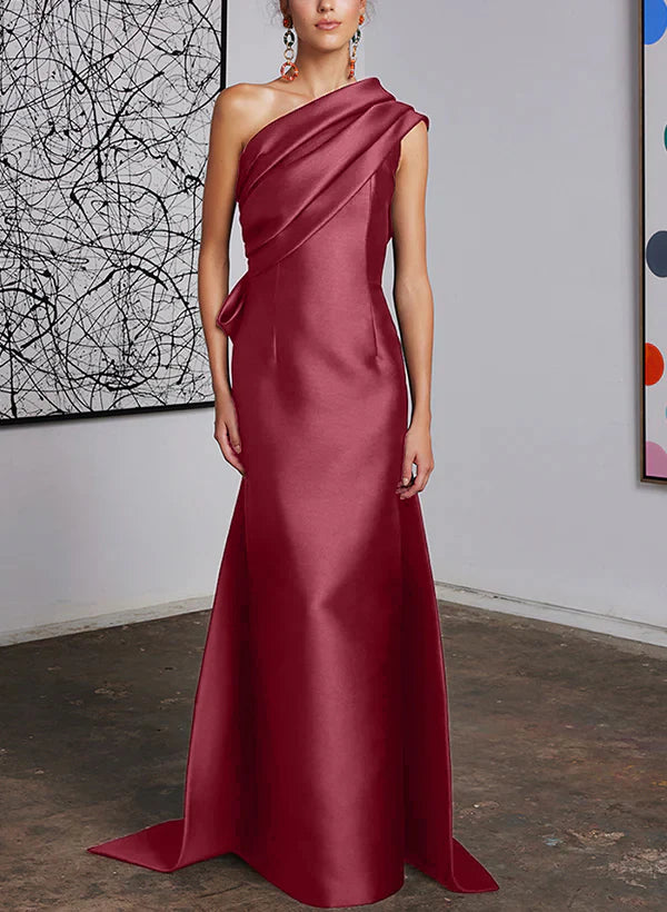 Mint Green Satin One Shoulder Trumpet Floor-Length Bridesmaid Dress with Draped Bodice