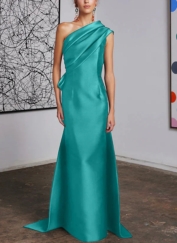 Mint Green Satin One Shoulder Trumpet Floor-Length Bridesmaid Dress with Draped Bodice