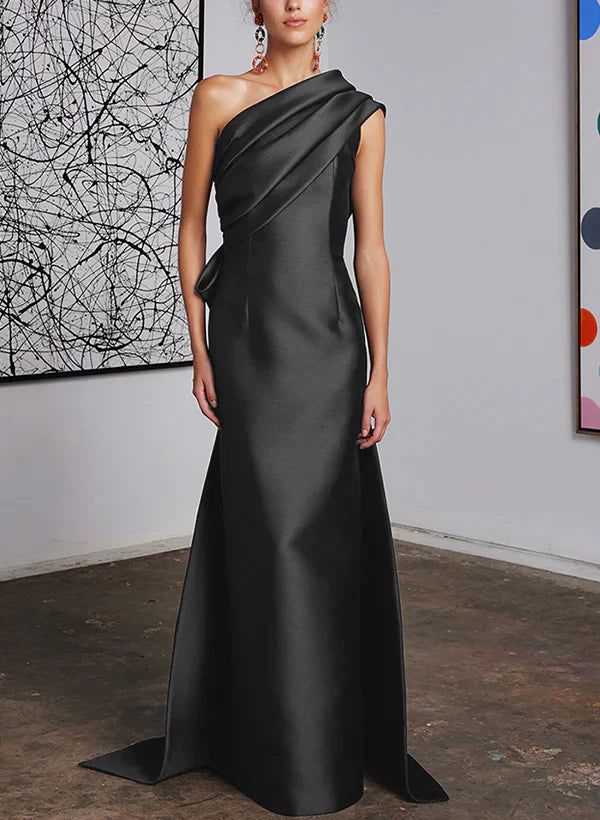 Elegant Dark Navy One Shoulder Satin Floor-Length Evening Dress