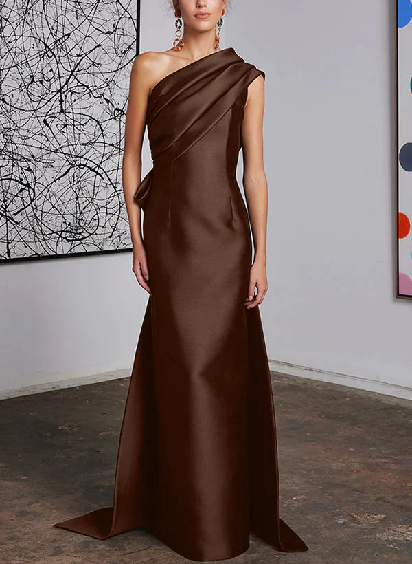 Elegant Dark Navy One Shoulder Satin Floor-Length Evening Dress