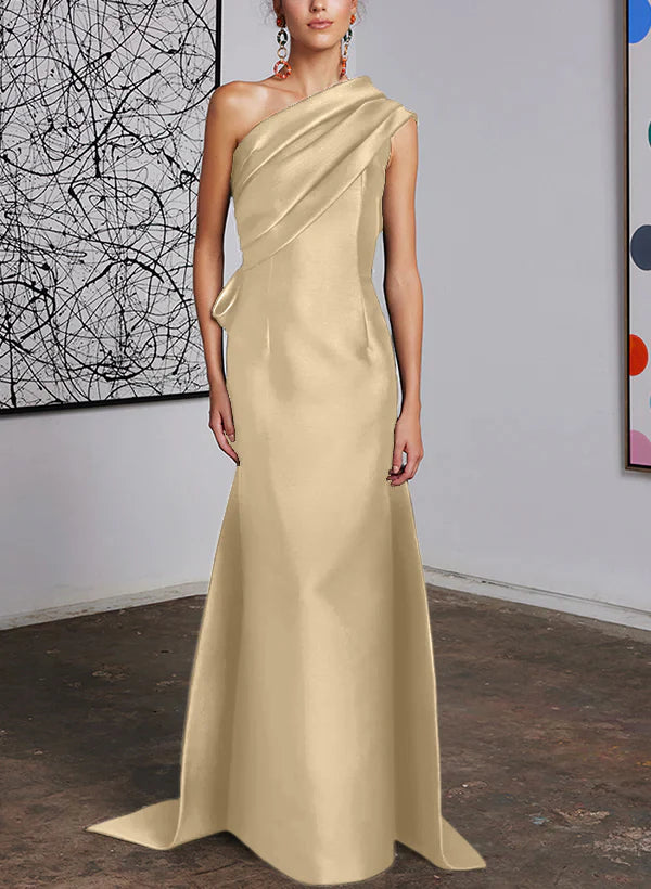 Mint Green Satin One Shoulder Trumpet Floor-Length Bridesmaid Dress with Draped Bodice