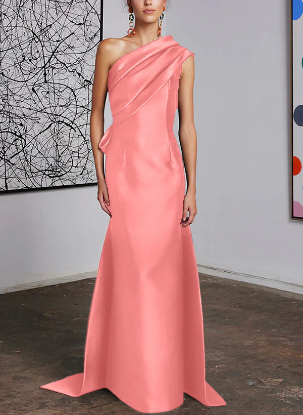 Mint Green Satin One Shoulder Trumpet Floor-Length Bridesmaid Dress with Draped Bodice
