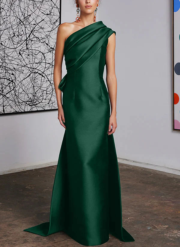 Elegant Dark Navy One Shoulder Satin Floor-Length Evening Dress