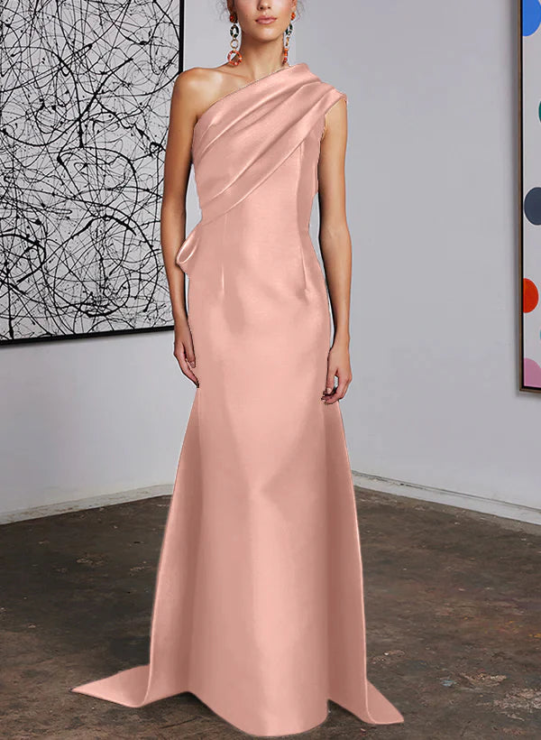 Mint Green Satin One Shoulder Trumpet Floor-Length Bridesmaid Dress with Draped Bodice