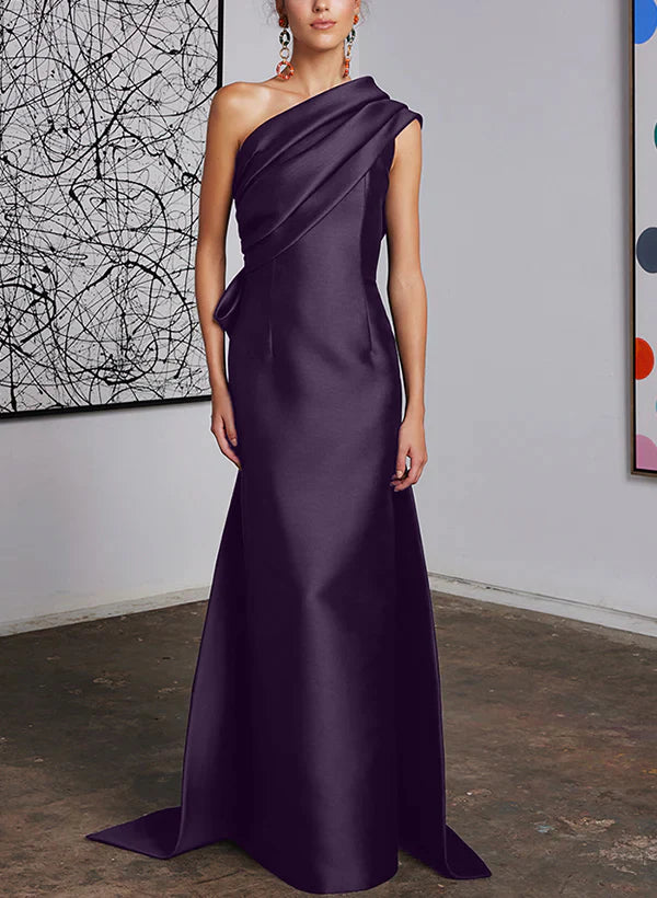 Elegant Dark Navy One Shoulder Satin Floor-Length Evening Dress