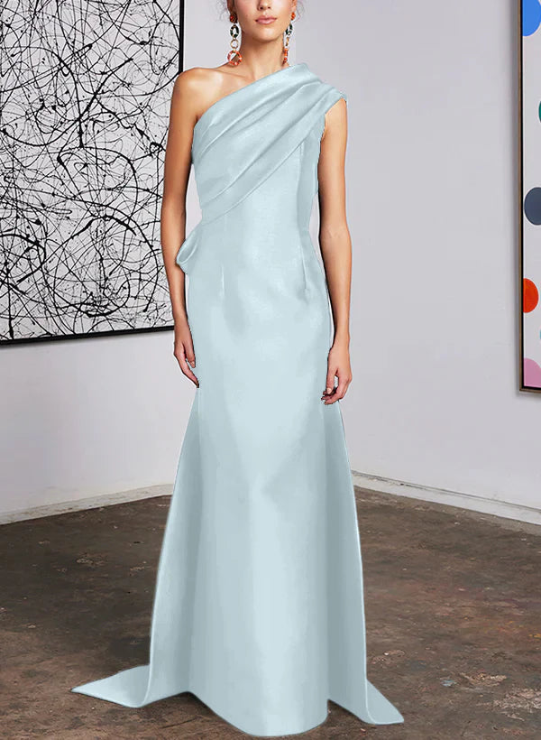 Elegant Dark Navy One Shoulder Satin Floor-Length Evening Dress