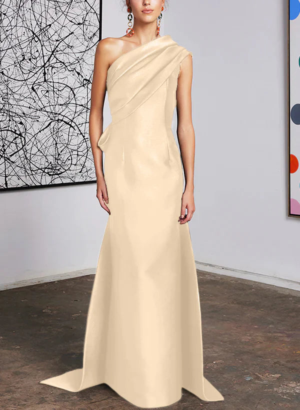 Elegant Dark Navy One Shoulder Satin Floor-Length Evening Dress