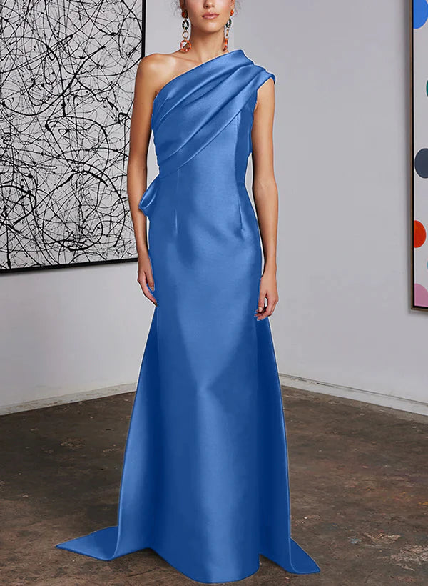 Mint Green Satin One Shoulder Trumpet Floor-Length Bridesmaid Dress with Draped Bodice