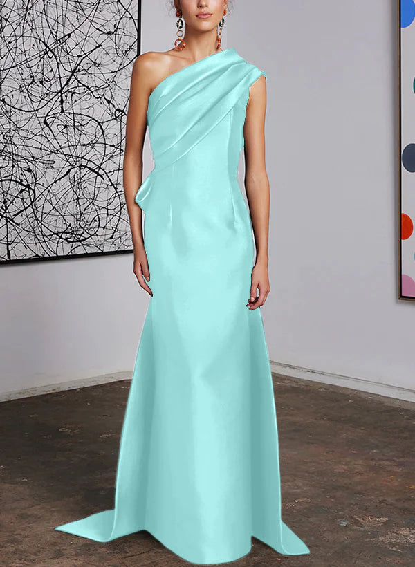 Elegant Dark Navy One Shoulder Satin Floor-Length Evening Dress