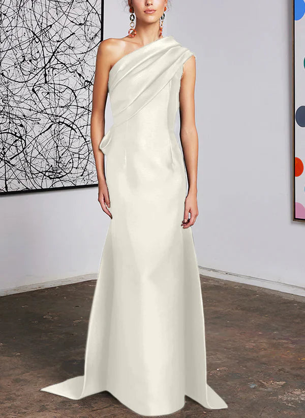 Elegant Dark Navy One Shoulder Satin Floor-Length Evening Dress