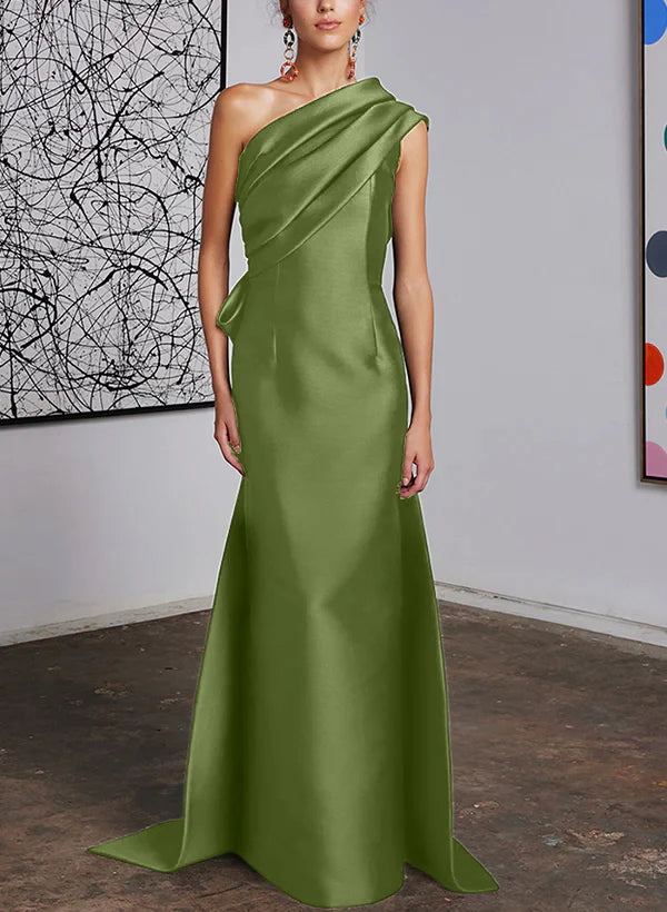 Mint Green Satin One Shoulder Trumpet Floor-Length Bridesmaid Dress with Draped Bodice
