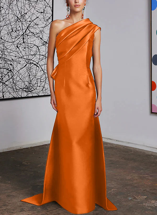 Elegant Dark Navy One Shoulder Satin Floor-Length Evening Dress