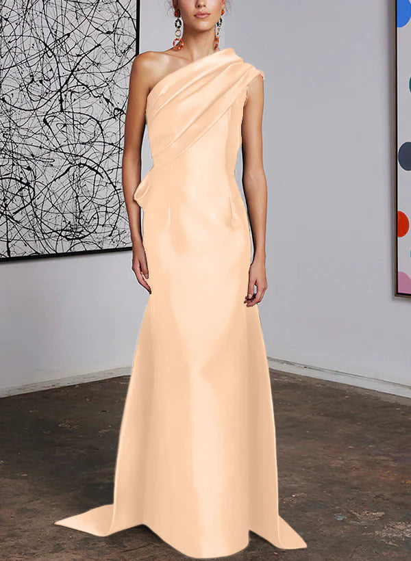 Elegant Dark Navy One Shoulder Satin Floor-Length Evening Dress