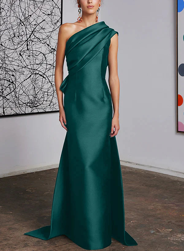 Mint Green Satin One Shoulder Trumpet Floor-Length Bridesmaid Dress with Draped Bodice