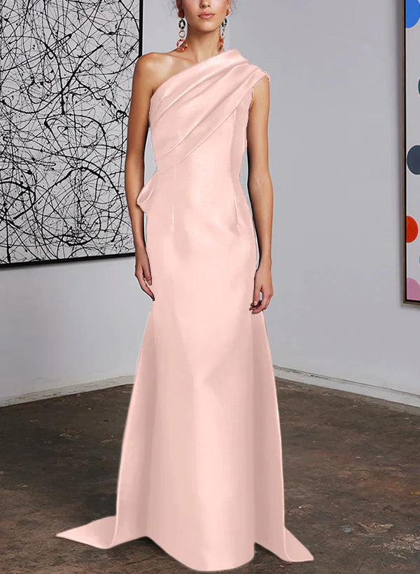 Elegant Dark Navy One Shoulder Satin Floor-Length Evening Dress
