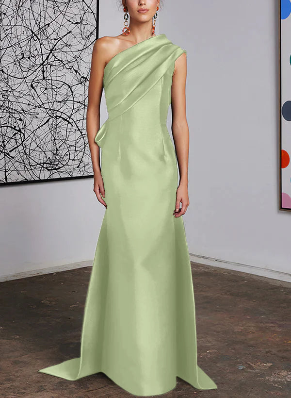 Mint Green Satin One Shoulder Trumpet Floor-Length Bridesmaid Dress with Draped Bodice
