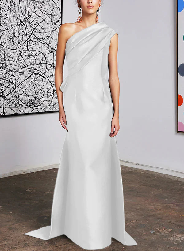 Elegant Dark Navy One Shoulder Satin Floor-Length Evening Dress