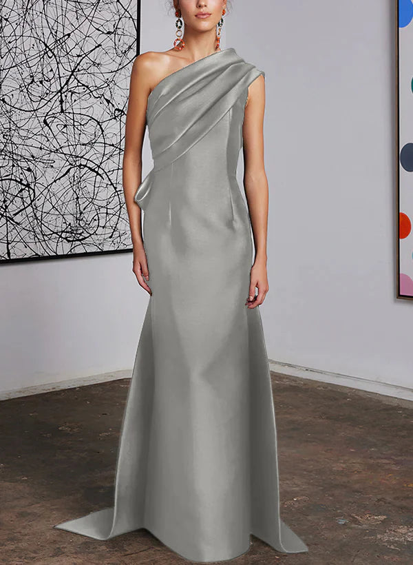 Mint Green Satin One Shoulder Trumpet Floor-Length Bridesmaid Dress with Draped Bodice