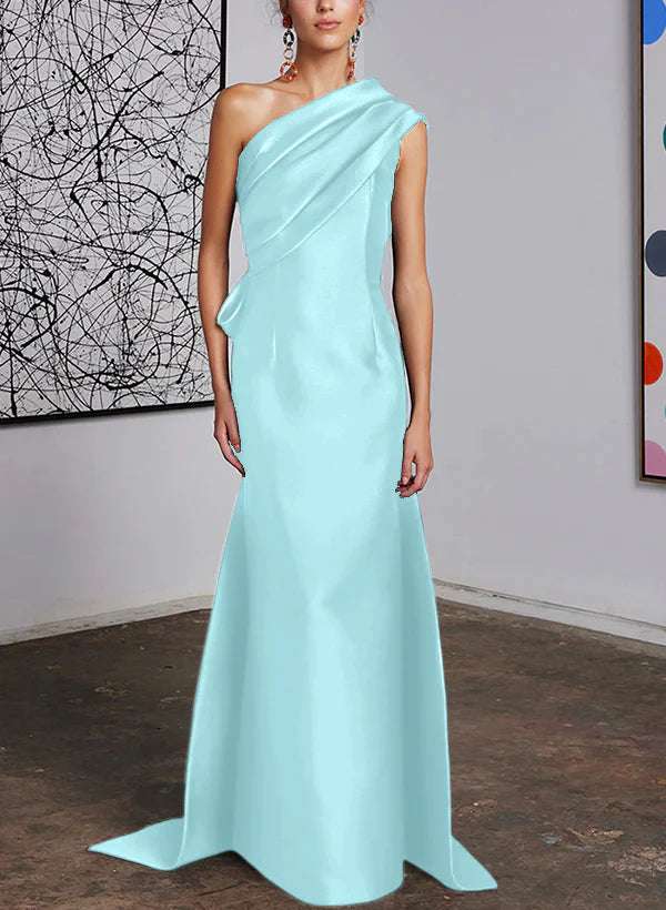 Elegant Dark Navy One Shoulder Satin Floor-Length Evening Dress