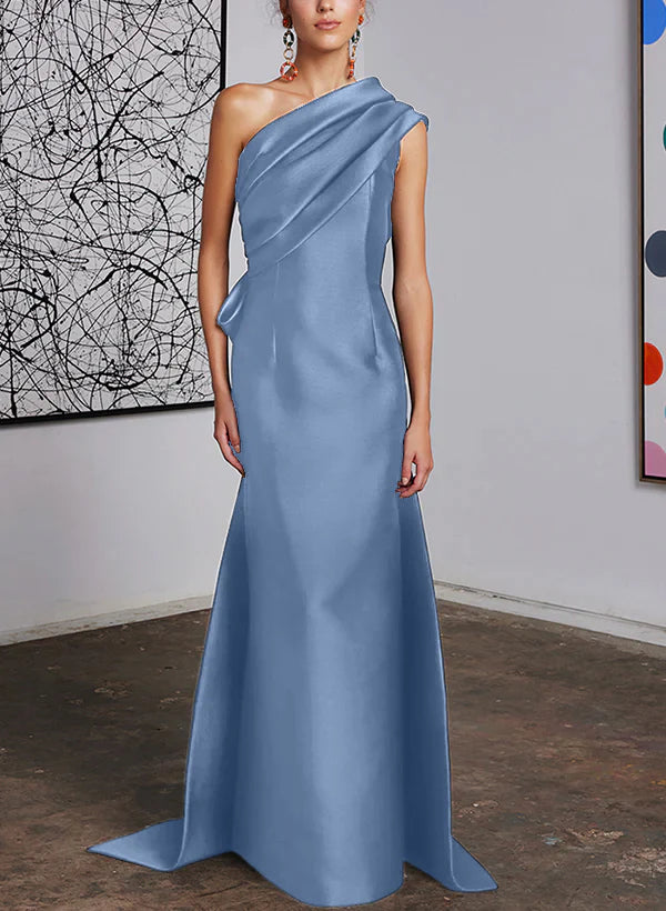 Mint Green Satin One Shoulder Trumpet Floor-Length Bridesmaid Dress with Draped Bodice