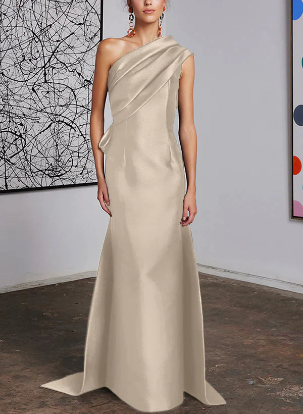 Mint Green Satin One Shoulder Trumpet Floor-Length Bridesmaid Dress with Draped Bodice