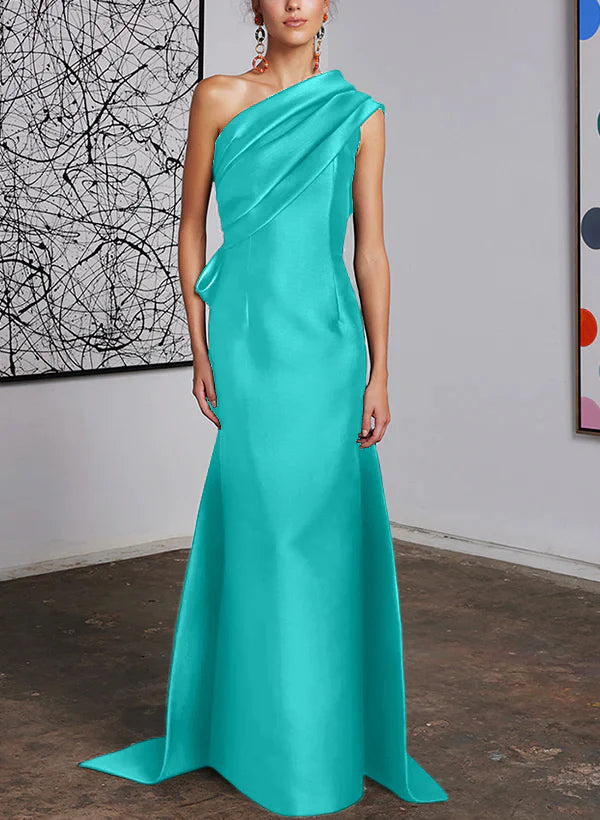 Mint Green Satin One Shoulder Trumpet Floor-Length Bridesmaid Dress with Draped Bodice