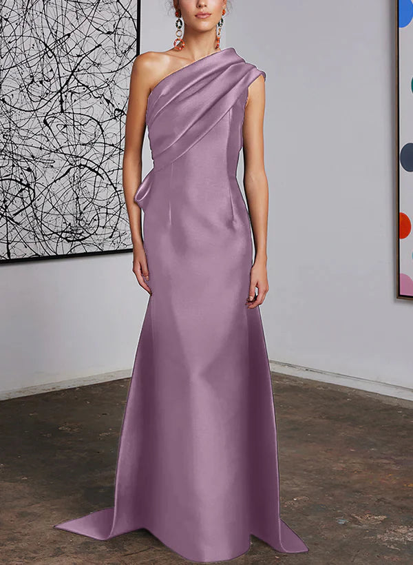 Elegant Dark Navy One Shoulder Satin Floor-Length Evening Dress