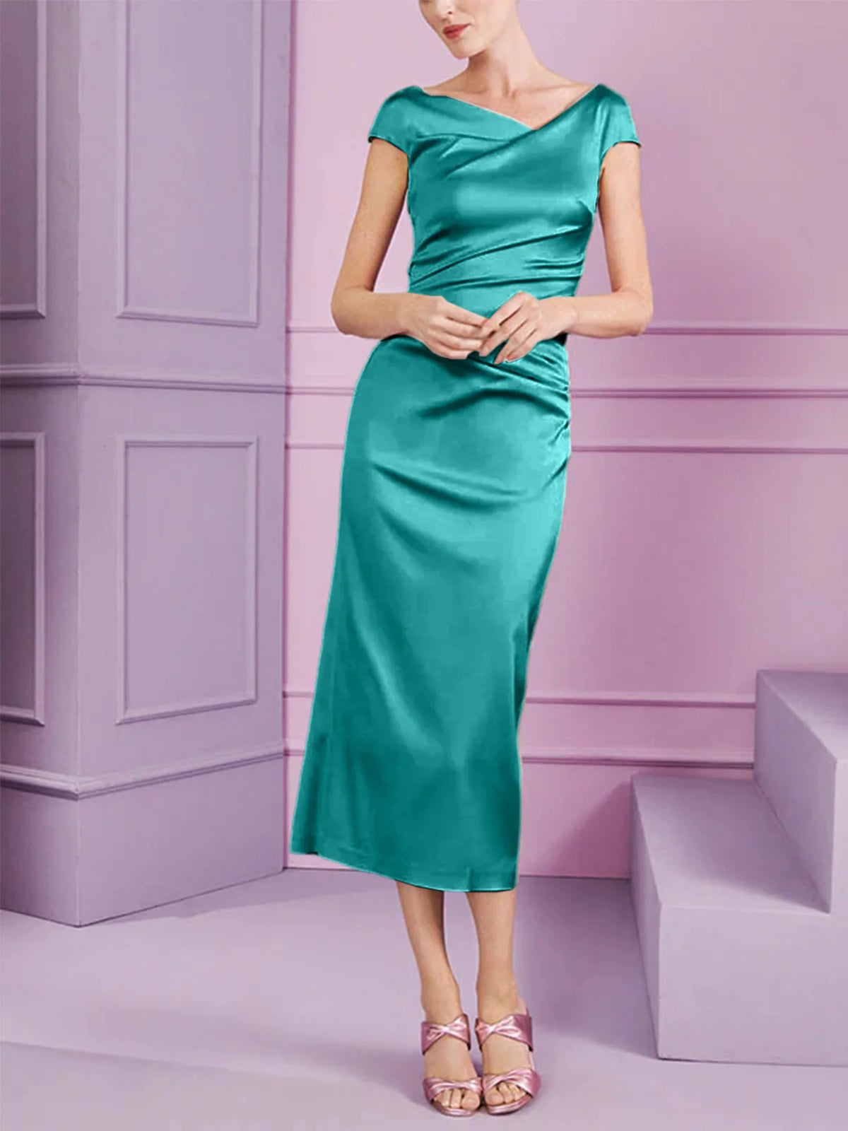 Vestido de madre de la novia largo con solapa estilo columna y corte ajustado
