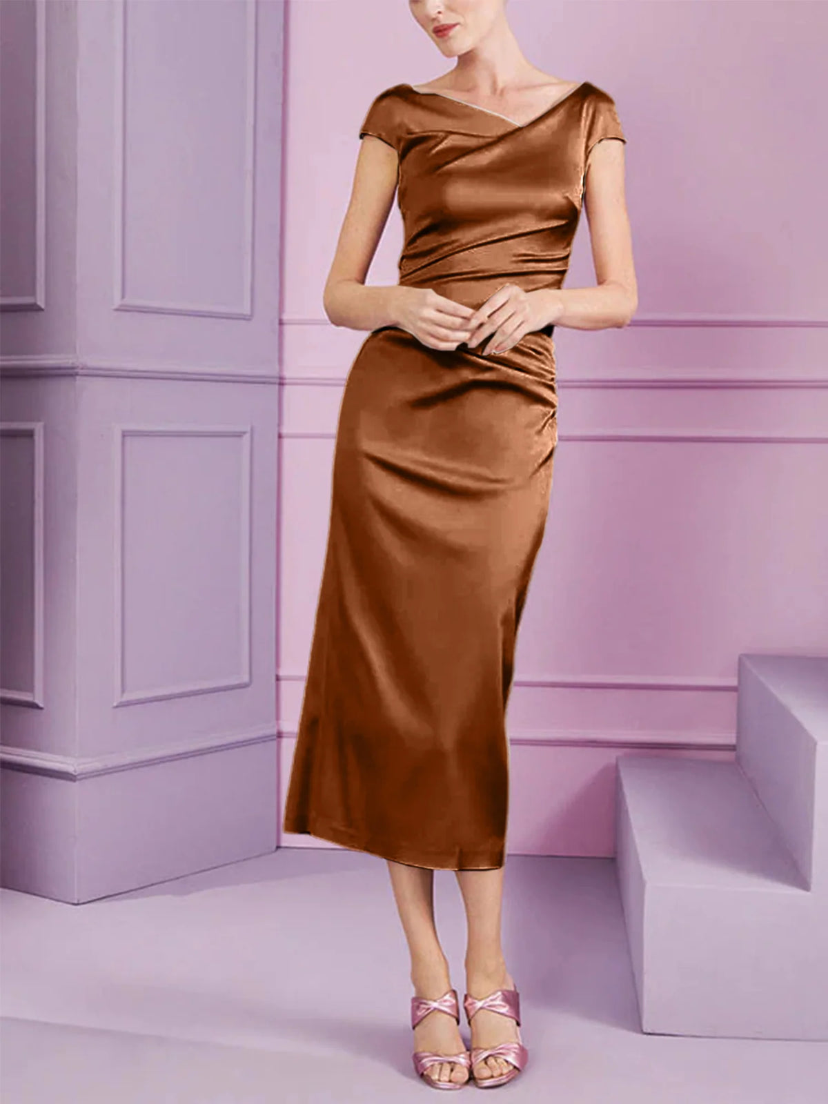 Vestido de madre de la novia largo con solapa estilo columna y corte ajustado