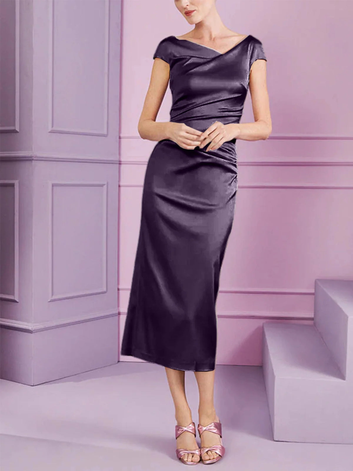 Vestido de madre de la novia largo con solapa estilo columna y corte ajustado