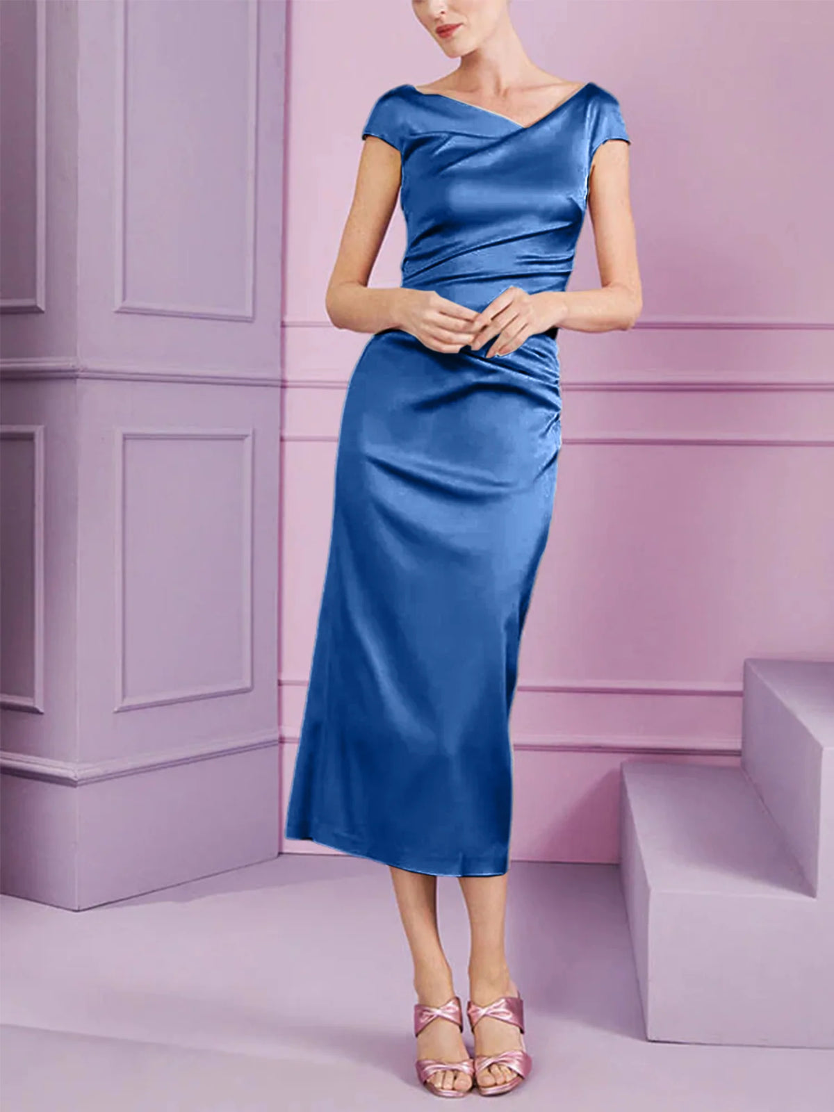 Vestido de madre de la novia largo con solapa estilo columna y corte ajustado