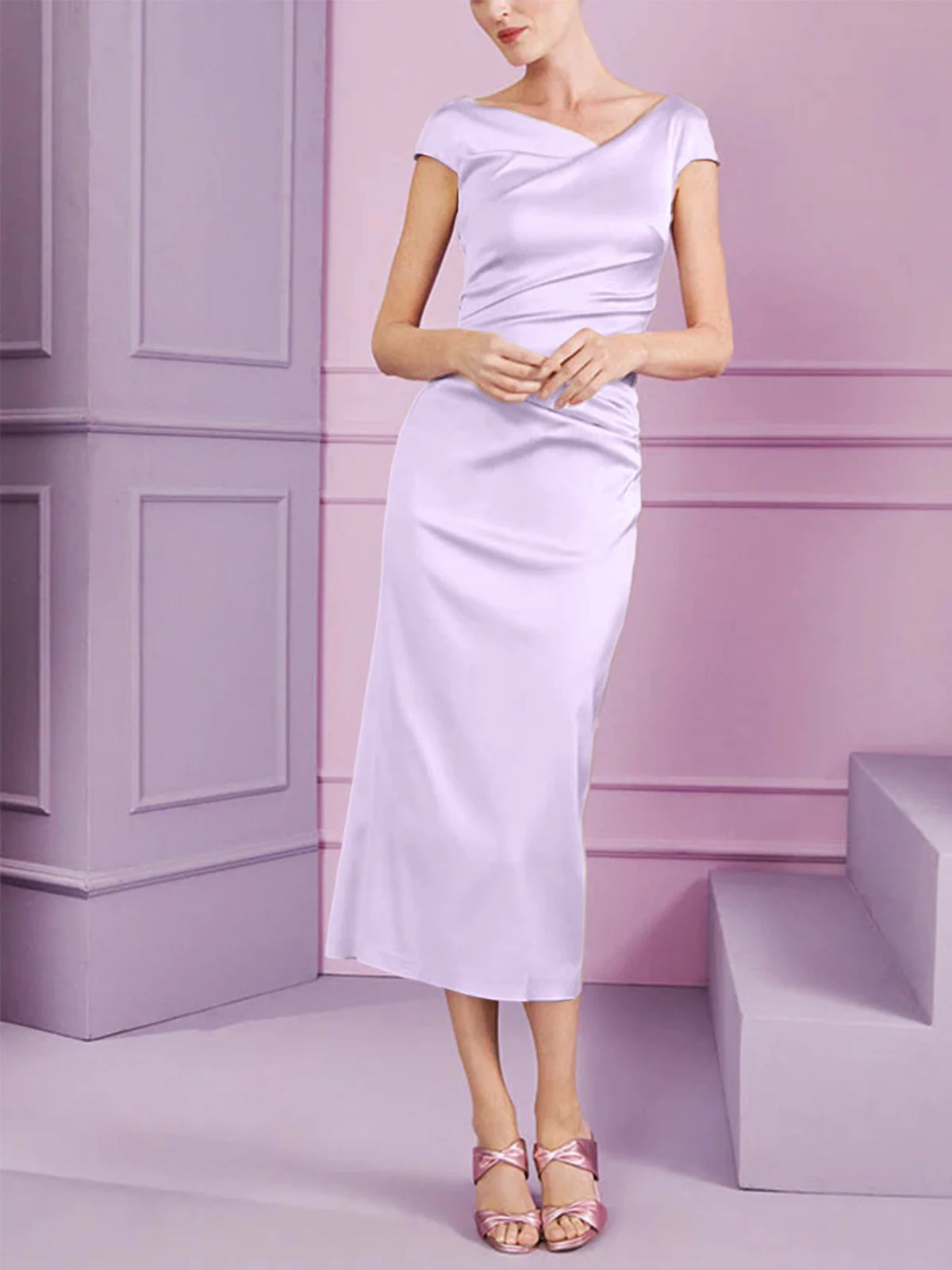 Vestido de madre de la novia largo con solapa estilo columna y corte ajustado