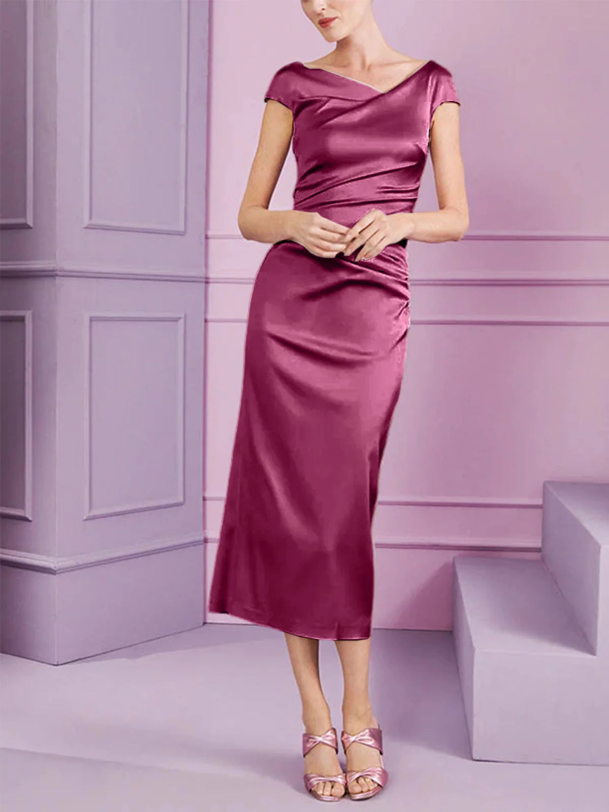 Vestido de madre de la novia largo con solapa estilo columna y corte ajustado