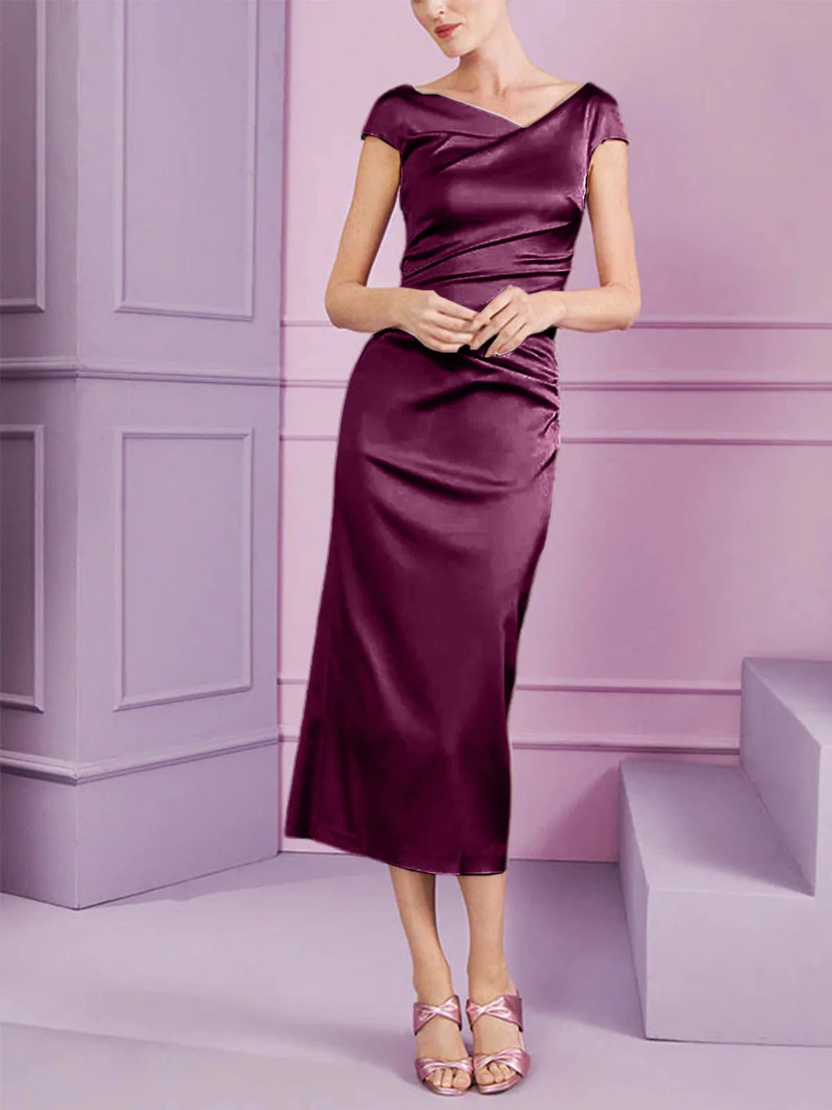 Vestido de madre de la novia largo con solapa estilo columna y corte ajustado