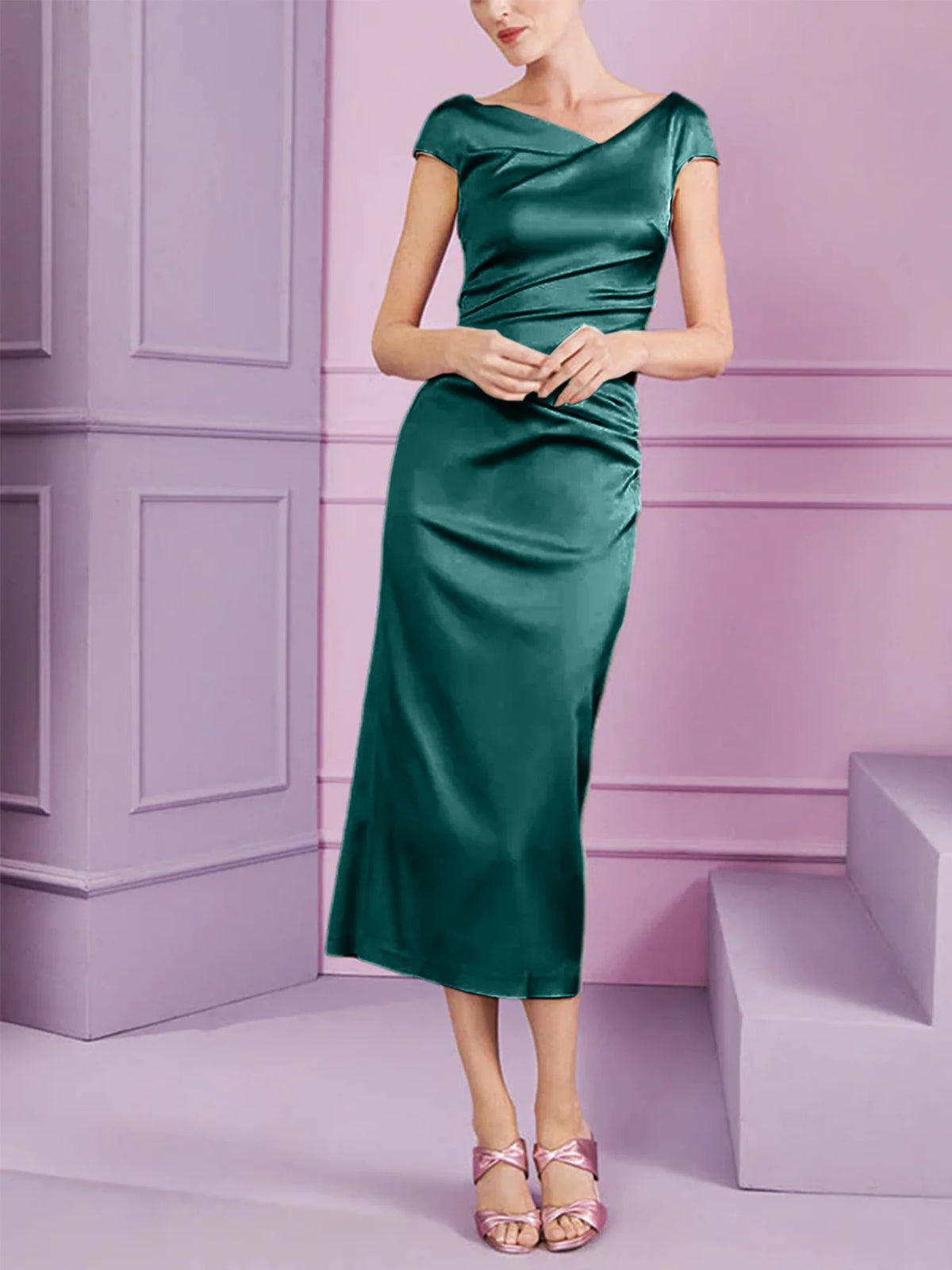 Vestido de madre de la novia largo con solapa estilo columna y corte ajustado