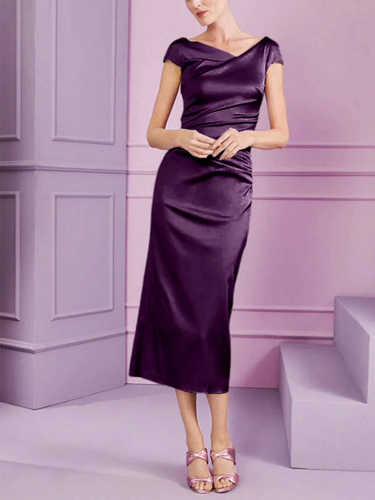 Vestido de madre de la novia largo con solapa estilo columna y corte ajustado