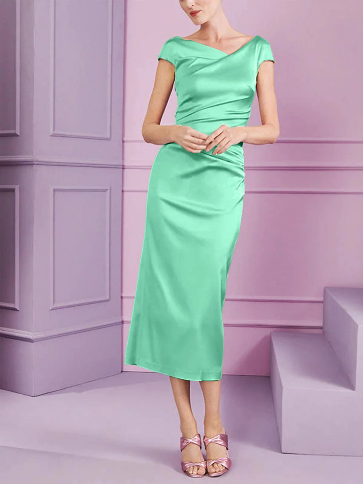 Vestido de madre de la novia largo con solapa estilo columna y corte ajustado