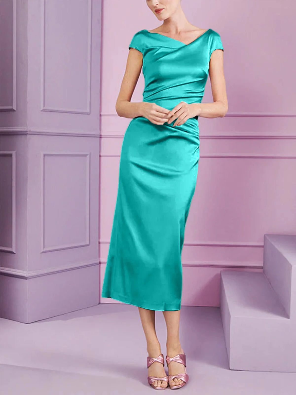 Vestido de madre de la novia largo con solapa estilo columna y corte ajustado