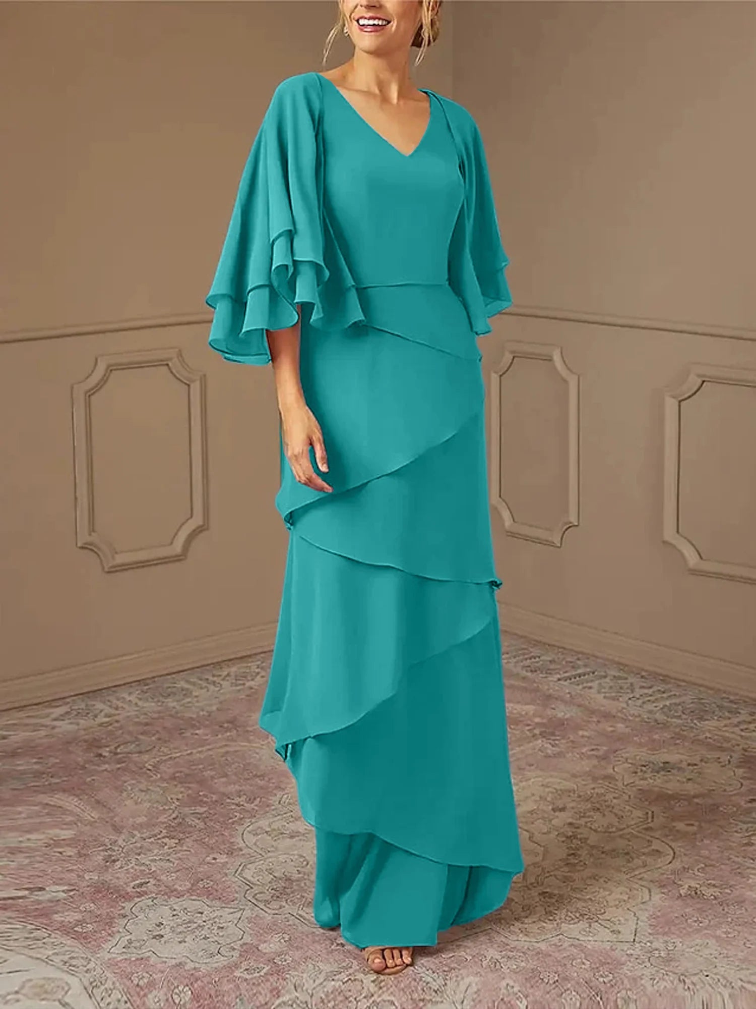 Dusty Blue Chiffon A-Line Floor-Length Dress with V-Neck & Tiered Skirt and Flutter Sleeves