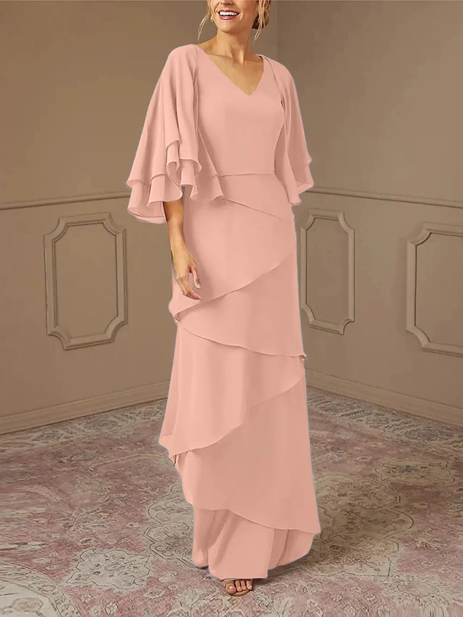 Dusty Blue Chiffon V-Neck Sheath/Column Floor-Length Evening Dress
