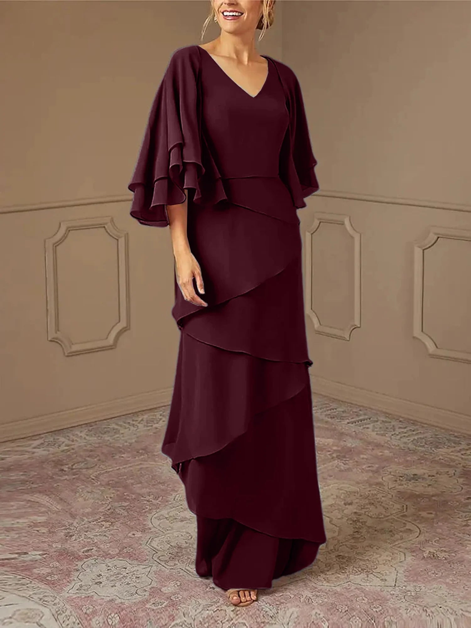 Dusty Blue Chiffon A-Line Floor-Length Dress with V-Neck & Tiered Skirt and Flutter Sleeves