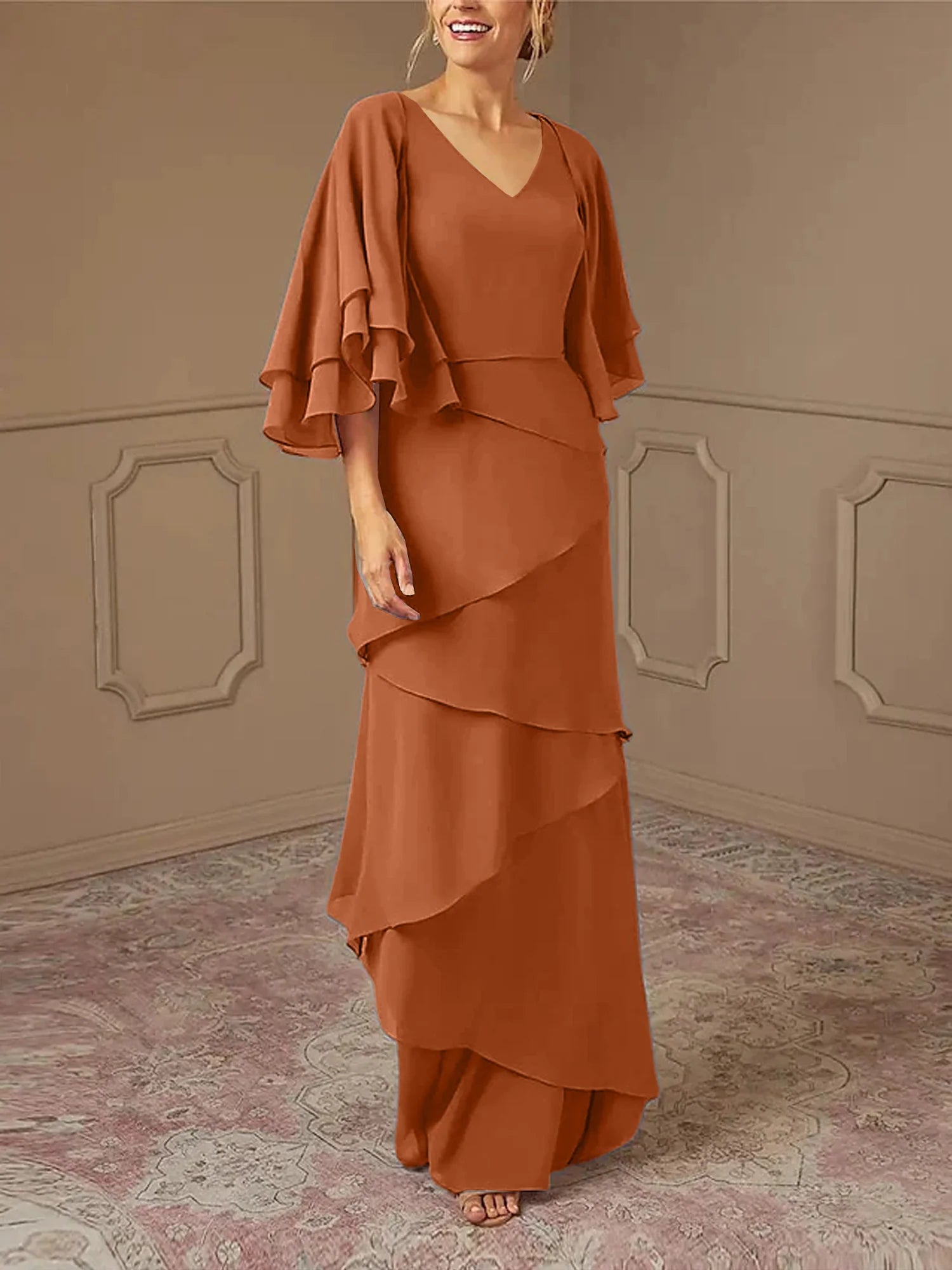 Dusty Blue Chiffon A-Line Floor-Length Dress with V-Neck & Tiered Skirt and Flutter Sleeves