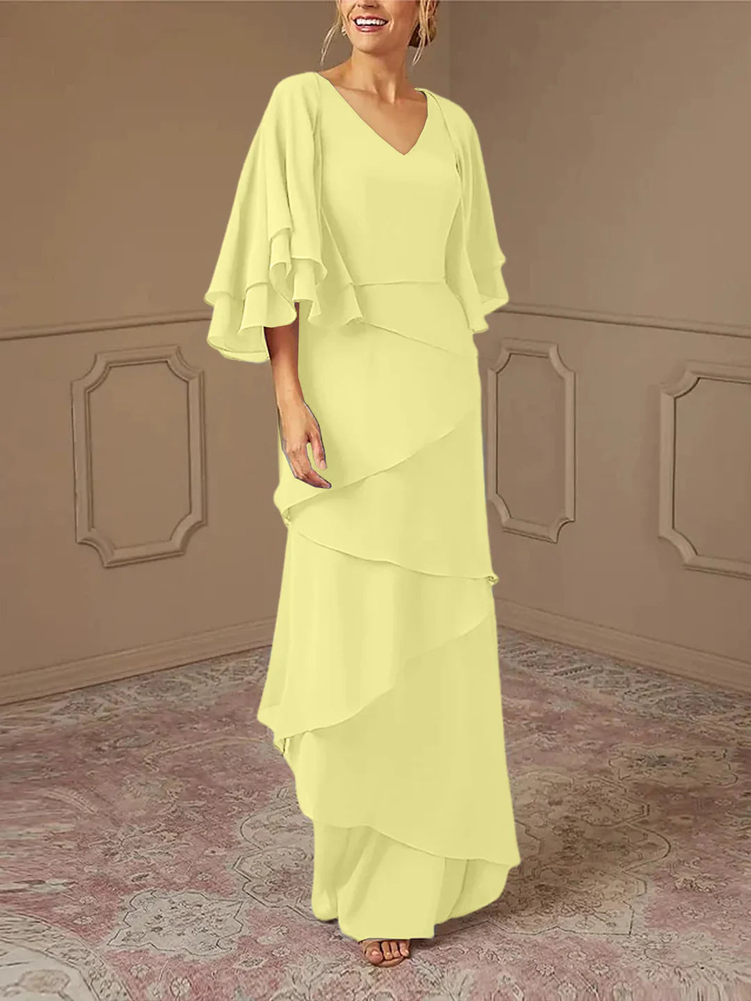 Dusty Blue Chiffon A-Line Floor-Length Dress with V-Neck & Tiered Skirt and Flutter Sleeves